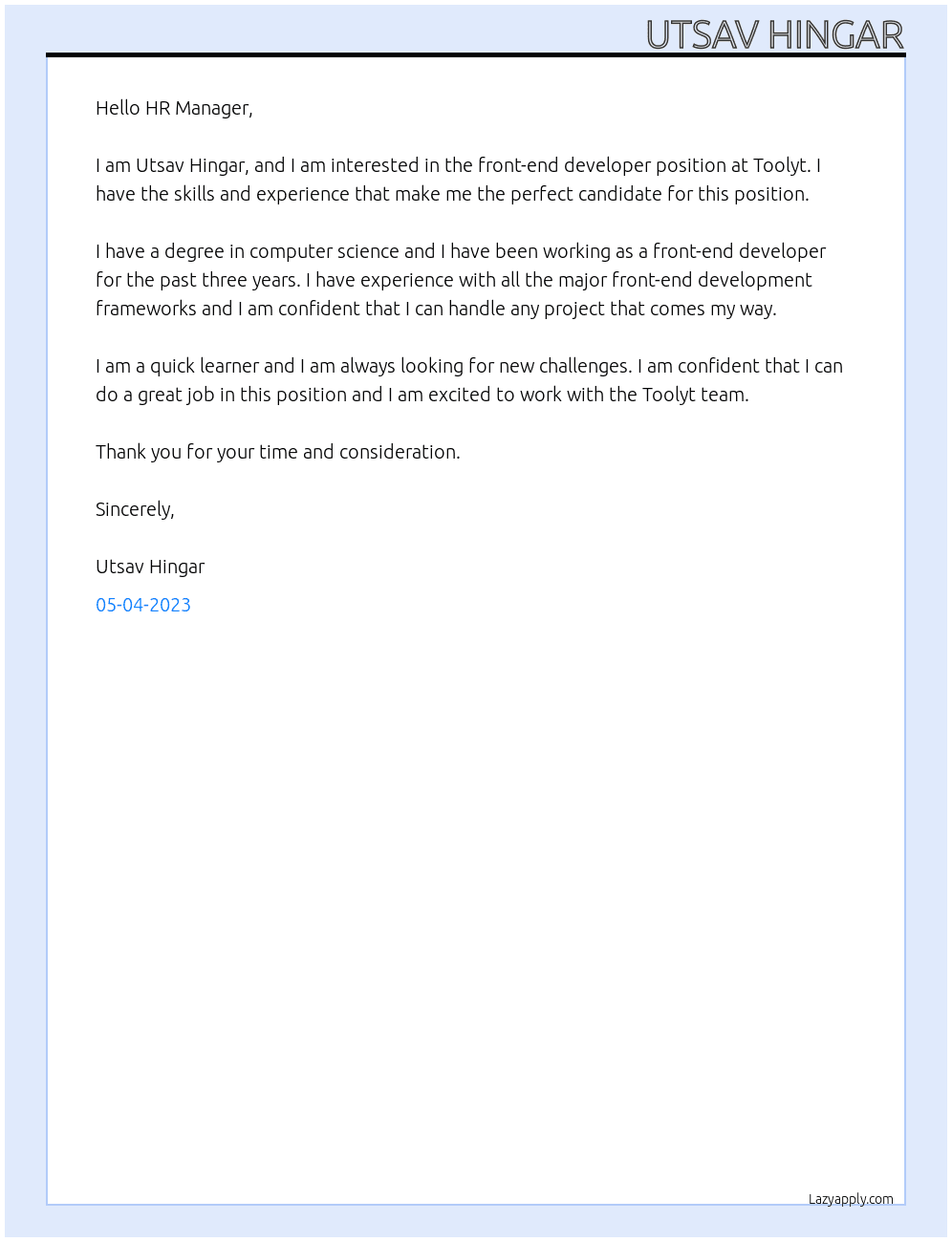 Front-End Developer At Toolyt Cover Letter