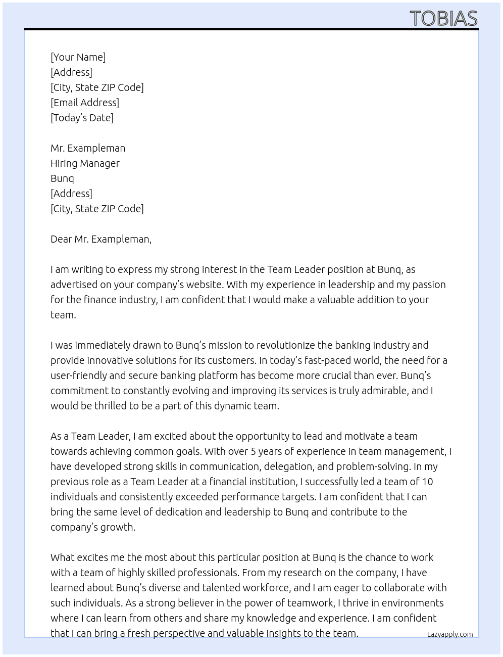 Team Leader At Bunq Cover Letter