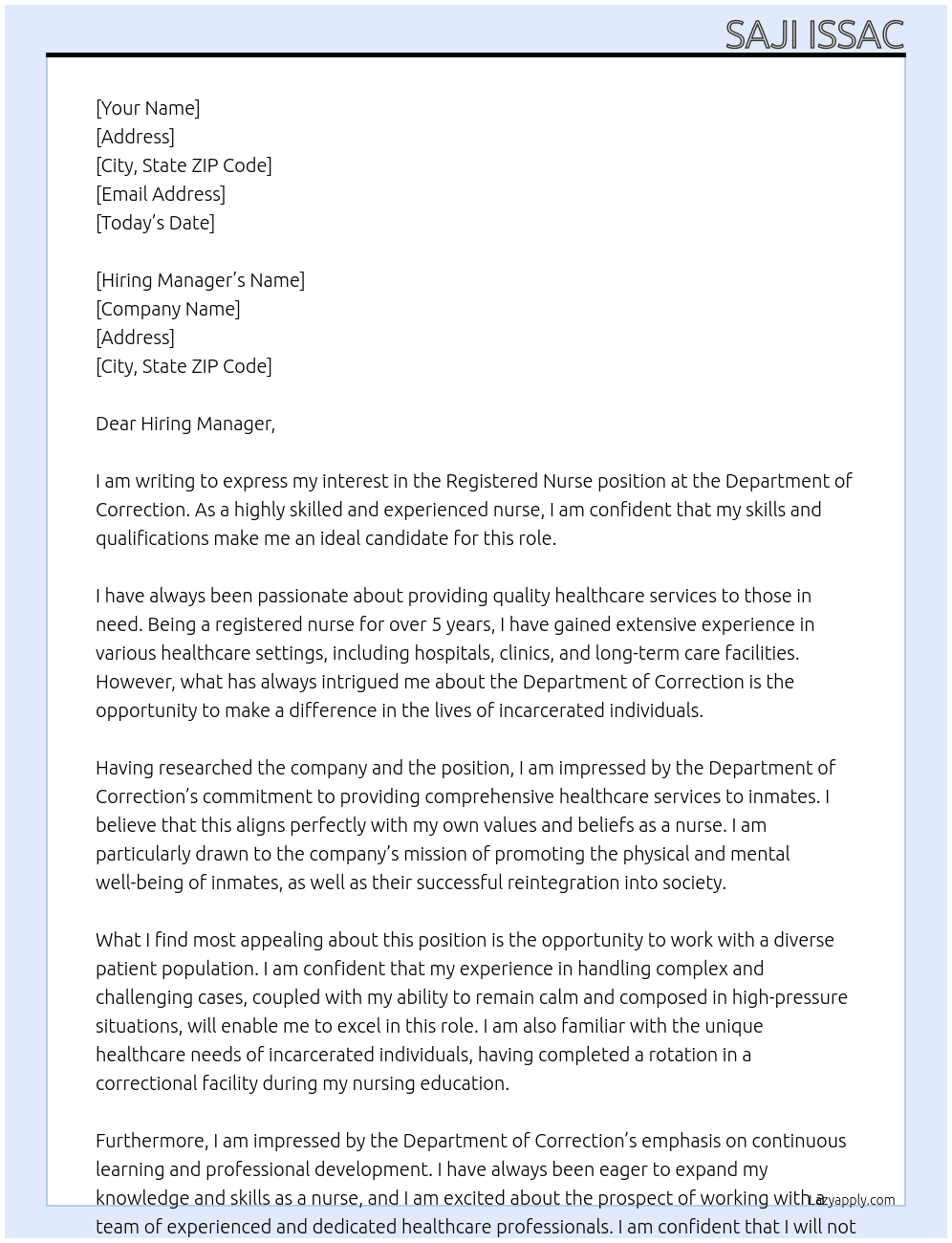 Registered Nurse At Department of Correction Cover Letter