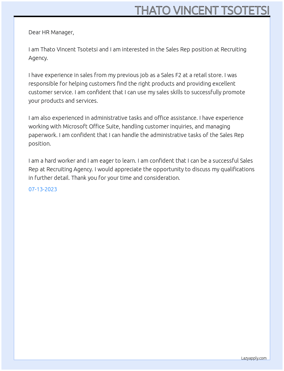 Sales Rep At Recruiting Agency Cover Letter