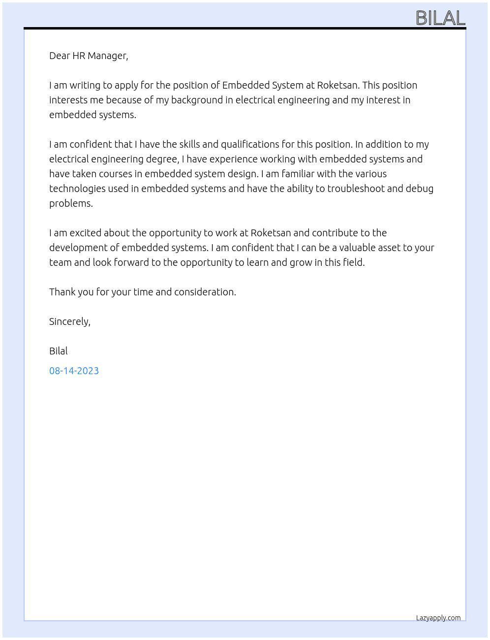 Embedded System  At Roketsan Cover Letter