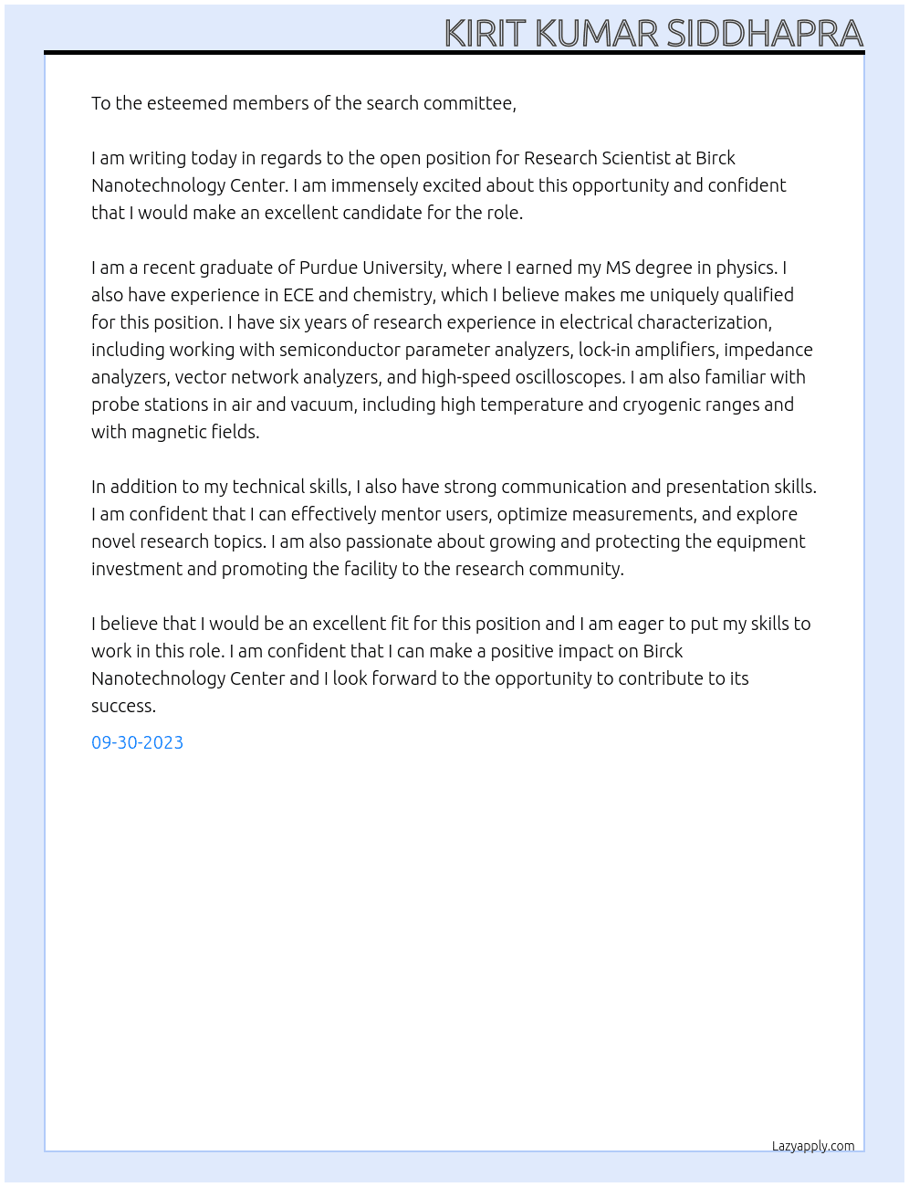 Research Scientist, Birck Nanotechnology Center At Purdue University Cover Letter