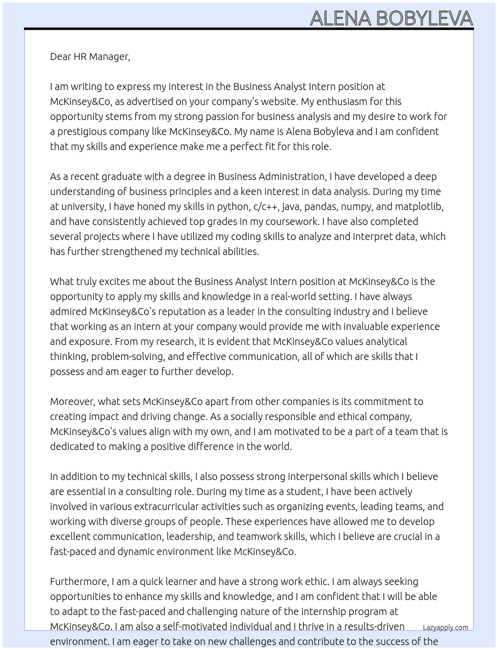Business Analyst Intern At McKinsey&Co Cover Letter