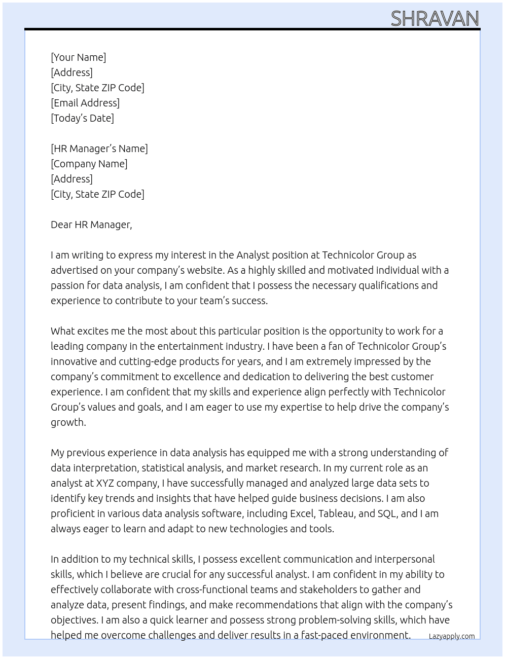 Analyst At Technicolor Group Cover Letter