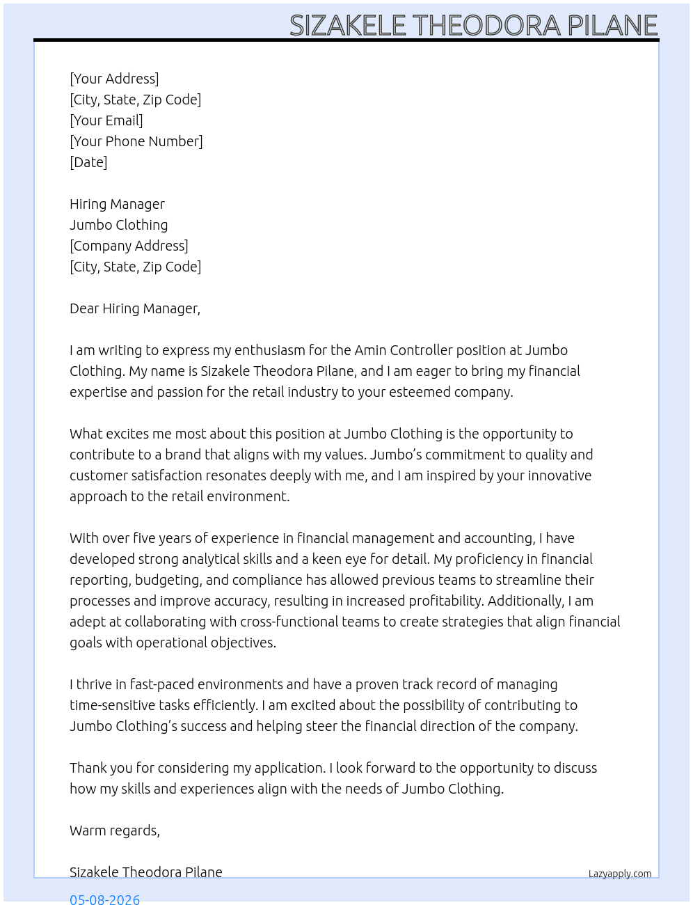 Amin controller  At Jumbo Clothing Cover Letter