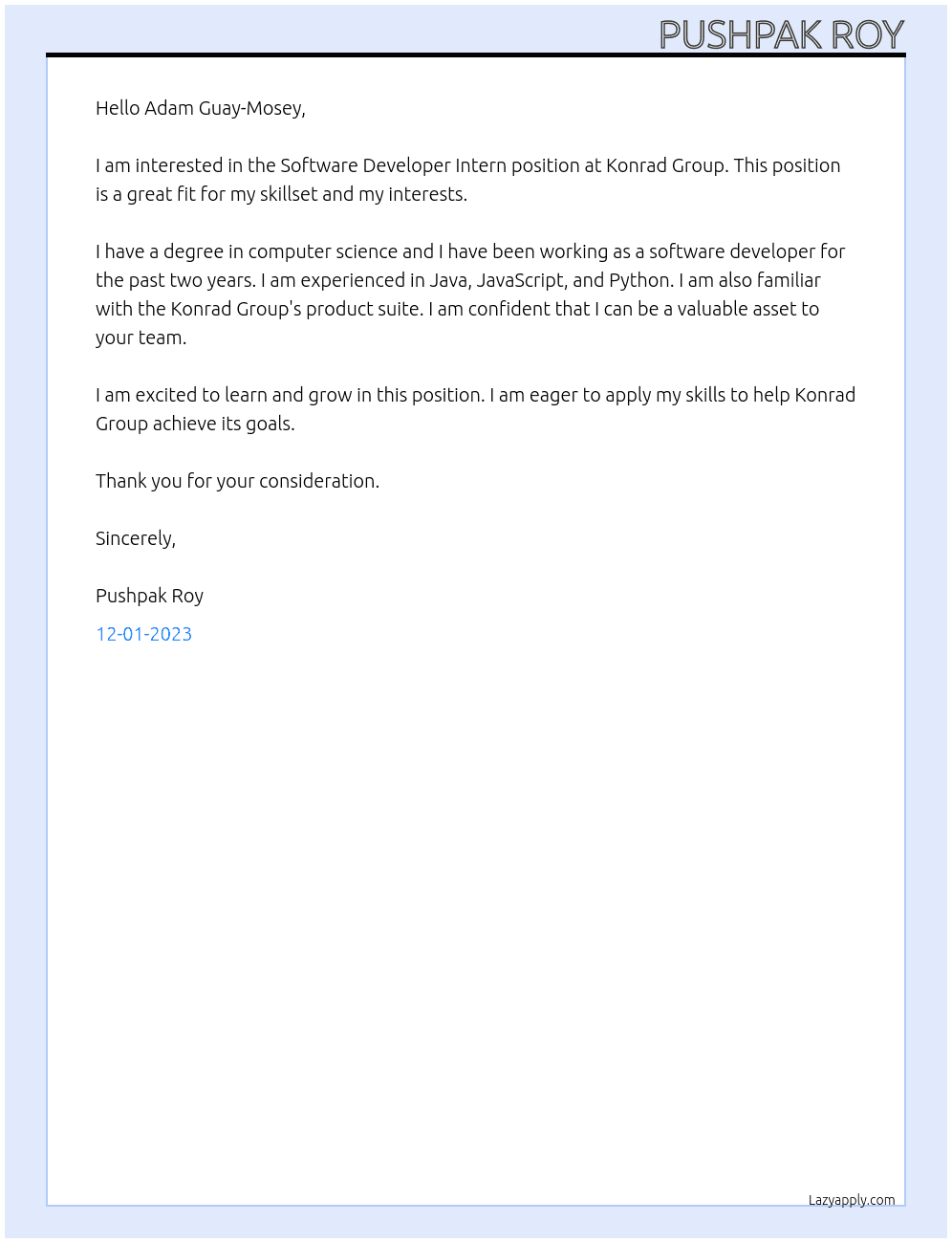 Software Developer Intern At Konrad Cover Letter