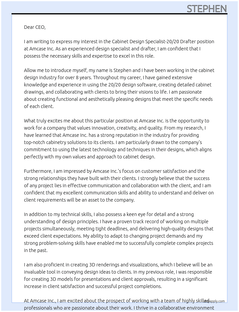 Cabinet Design Specialist-20/20 Drafter At Amcase inc Cover Letter