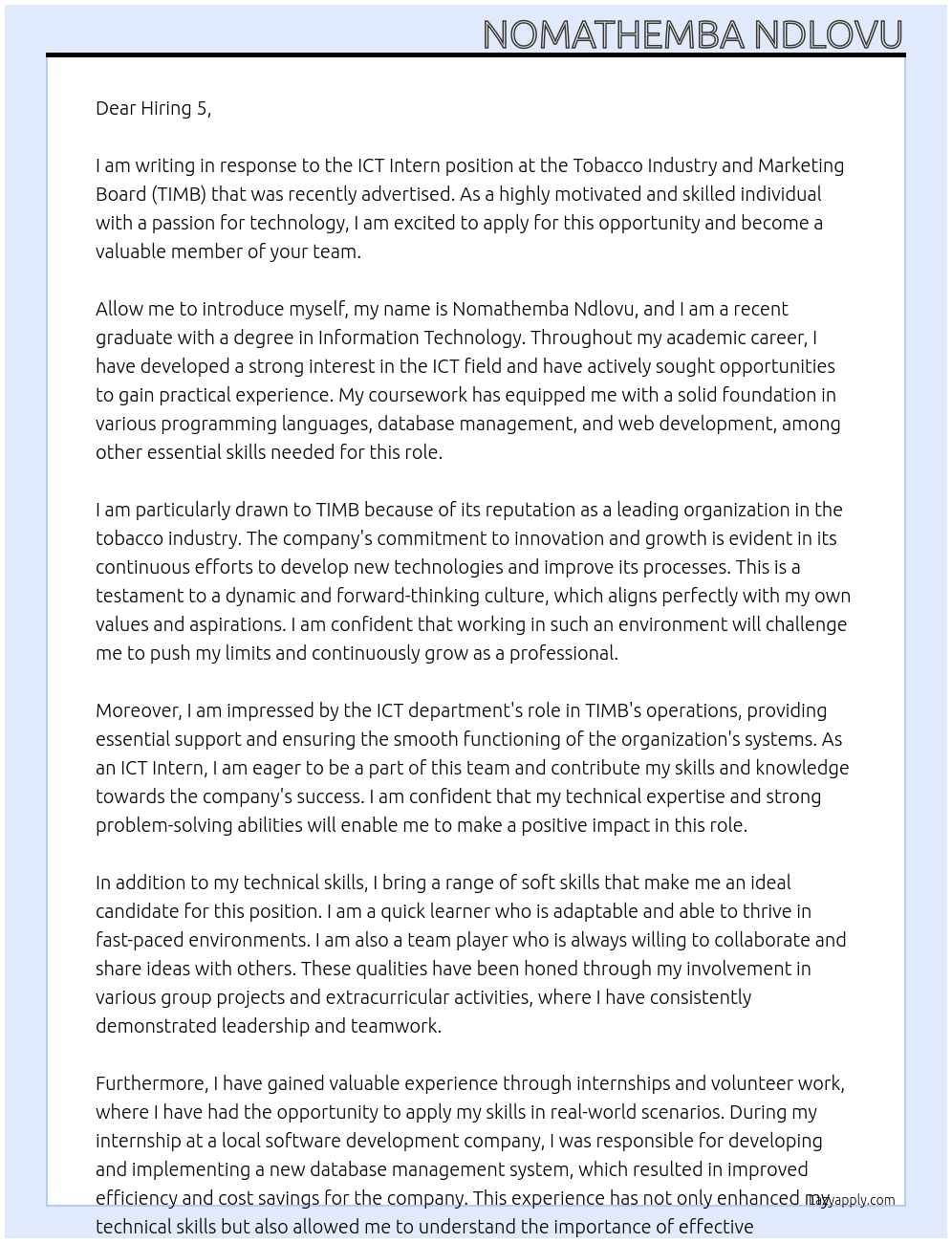 ICT Intern At Tobacco Industry and Marketing Board (TIMB) Cover Letter