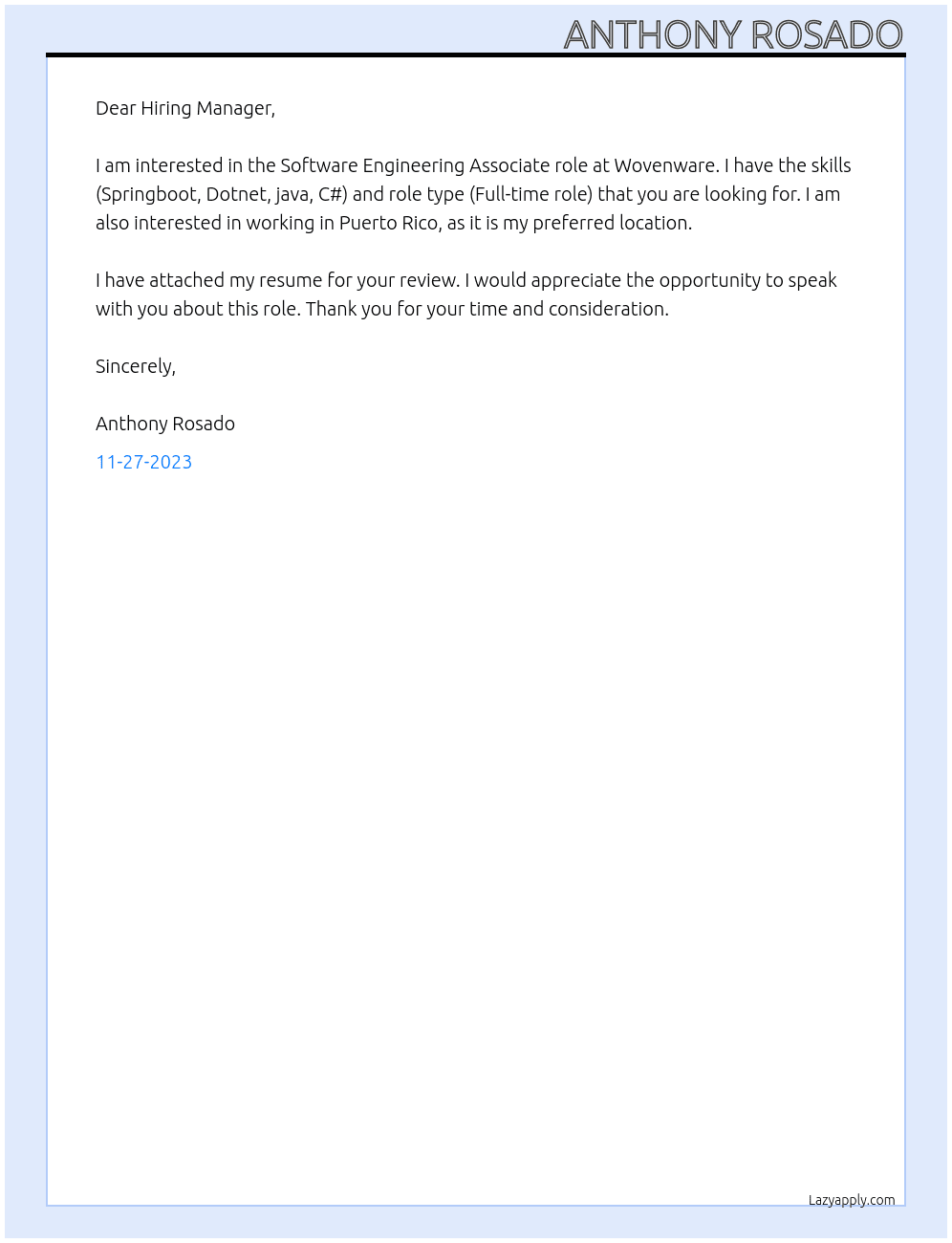 Software Engineering Associate  At Wovenware Cover Letter