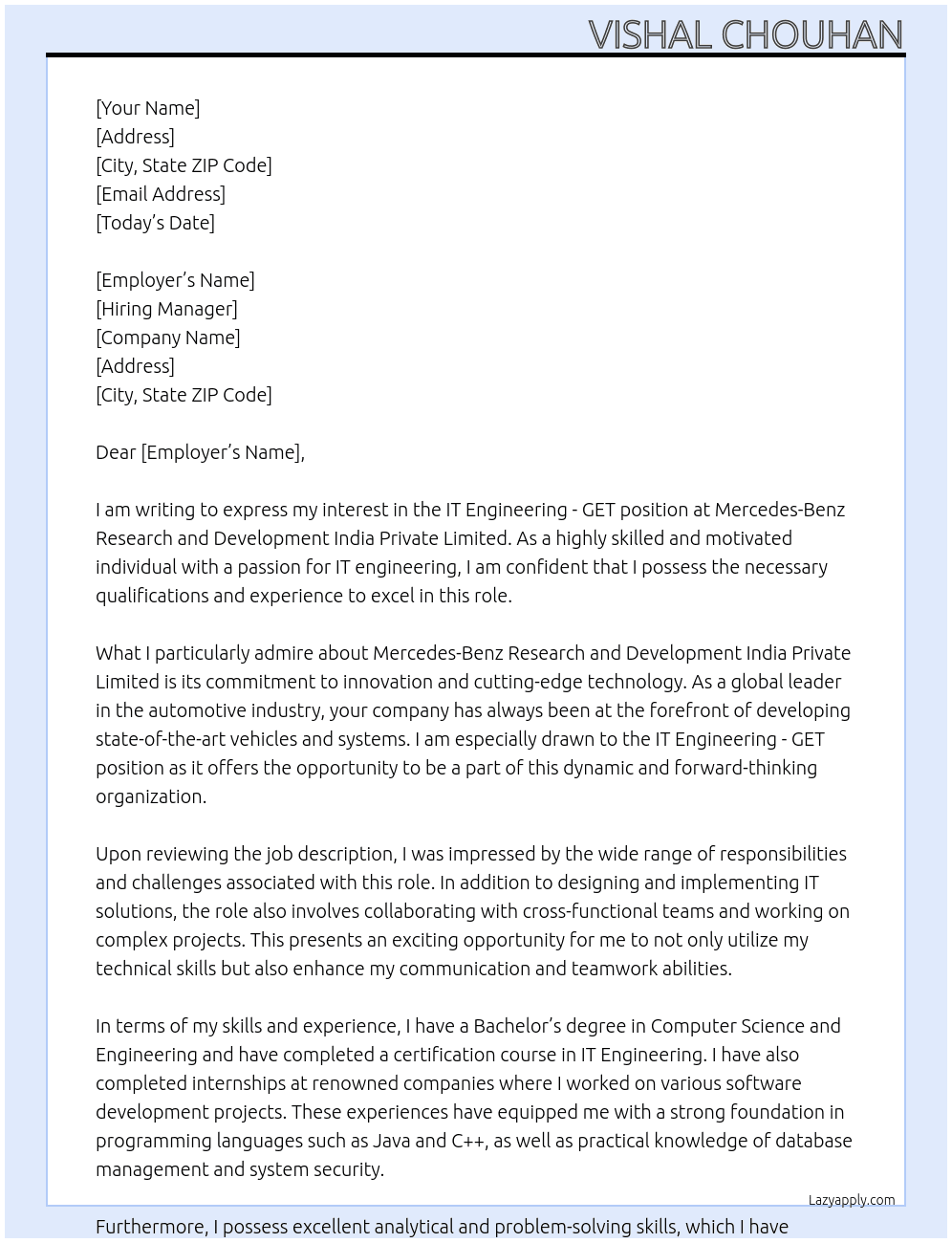 IT Engineering - GET At Mercedes-Benz Research and Development India Private Limited Cover Letter