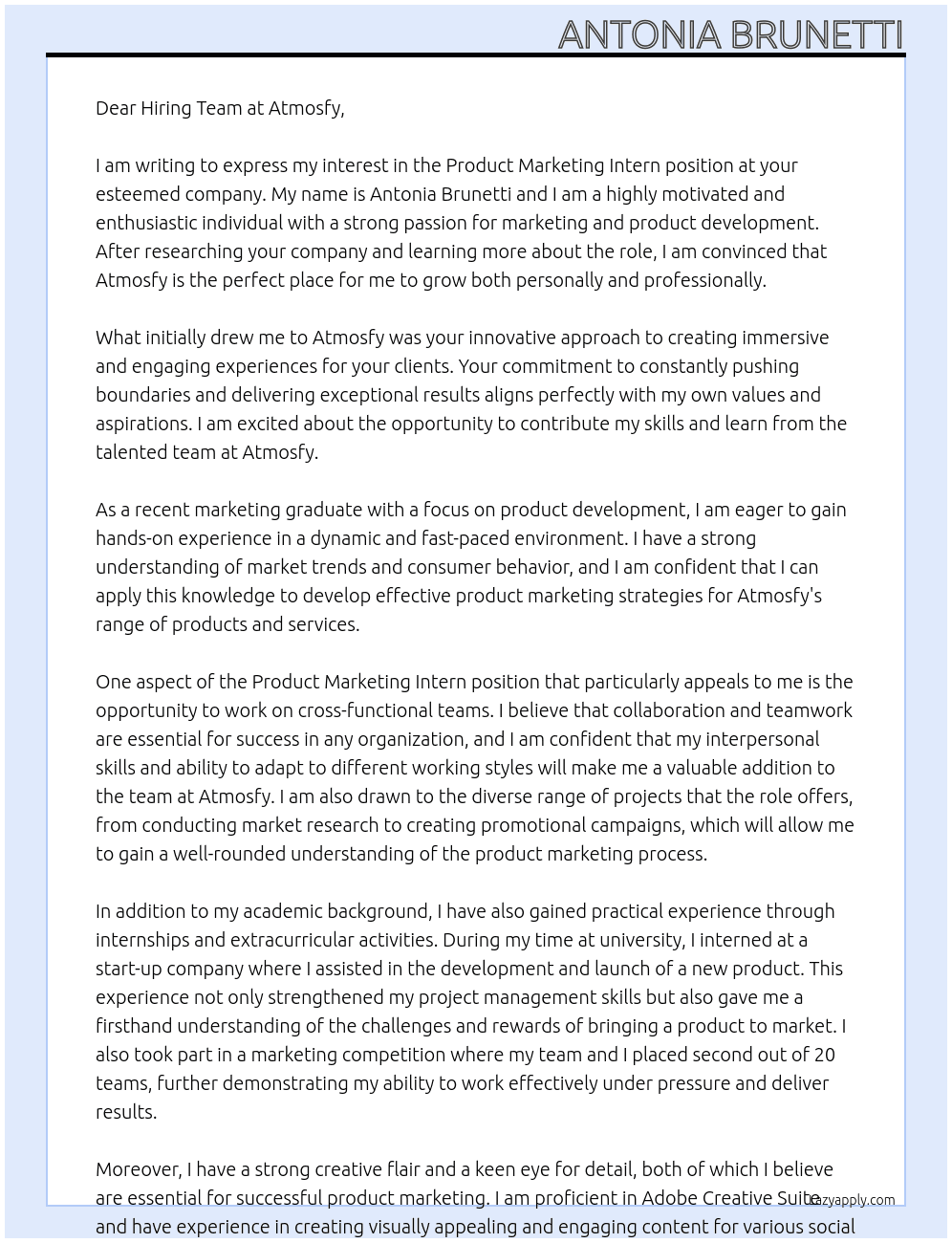 Product Marketing Intern At Atmosfy Cover Letter