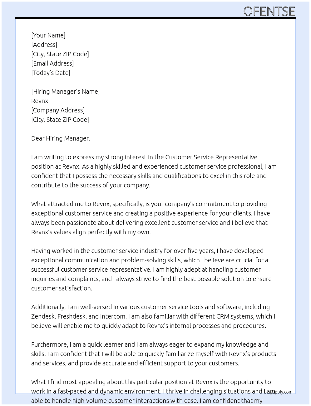 Customer service representative  At Revnx Cover Letter