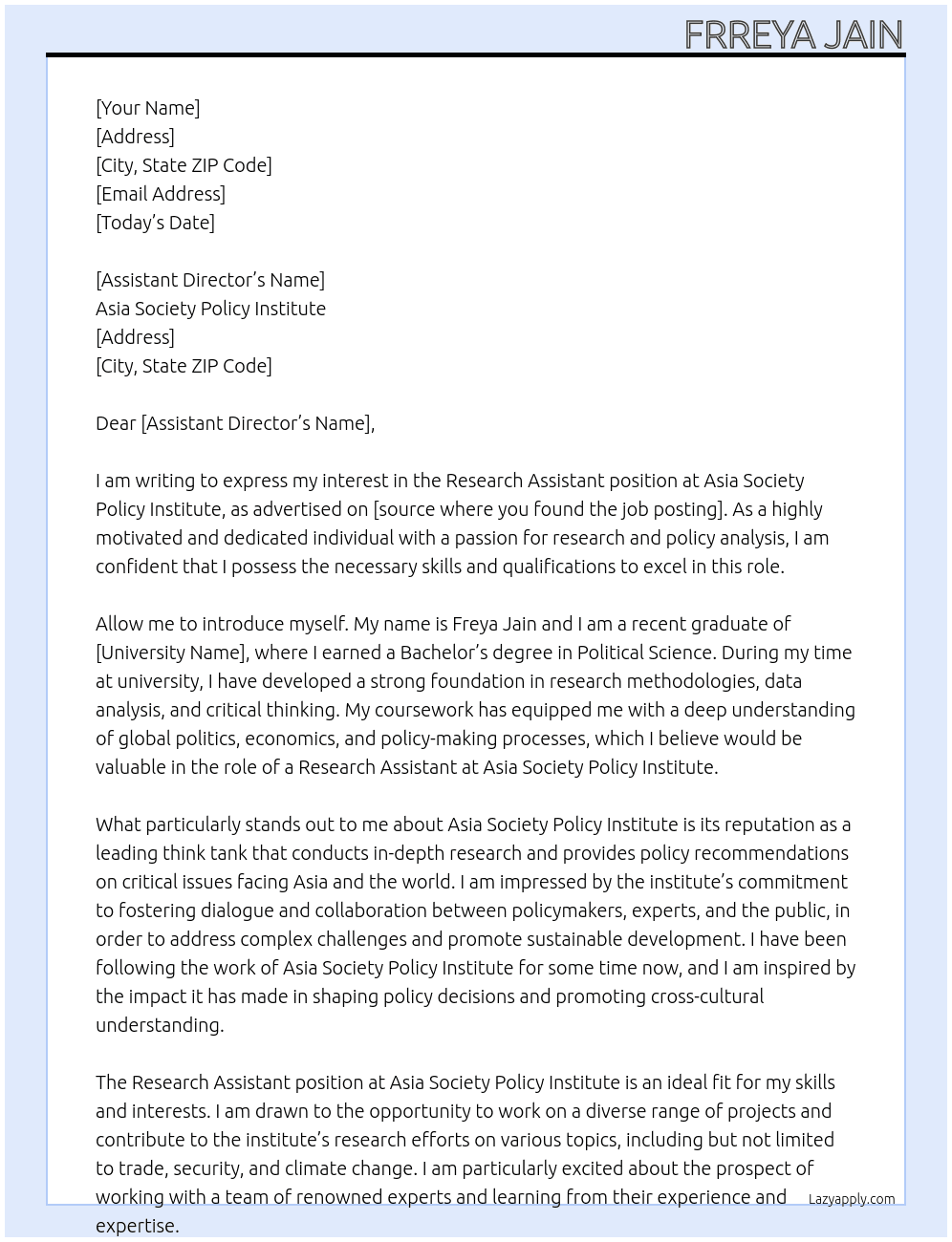 Research Assistant At Asia Society Policy Institute Cover Letter