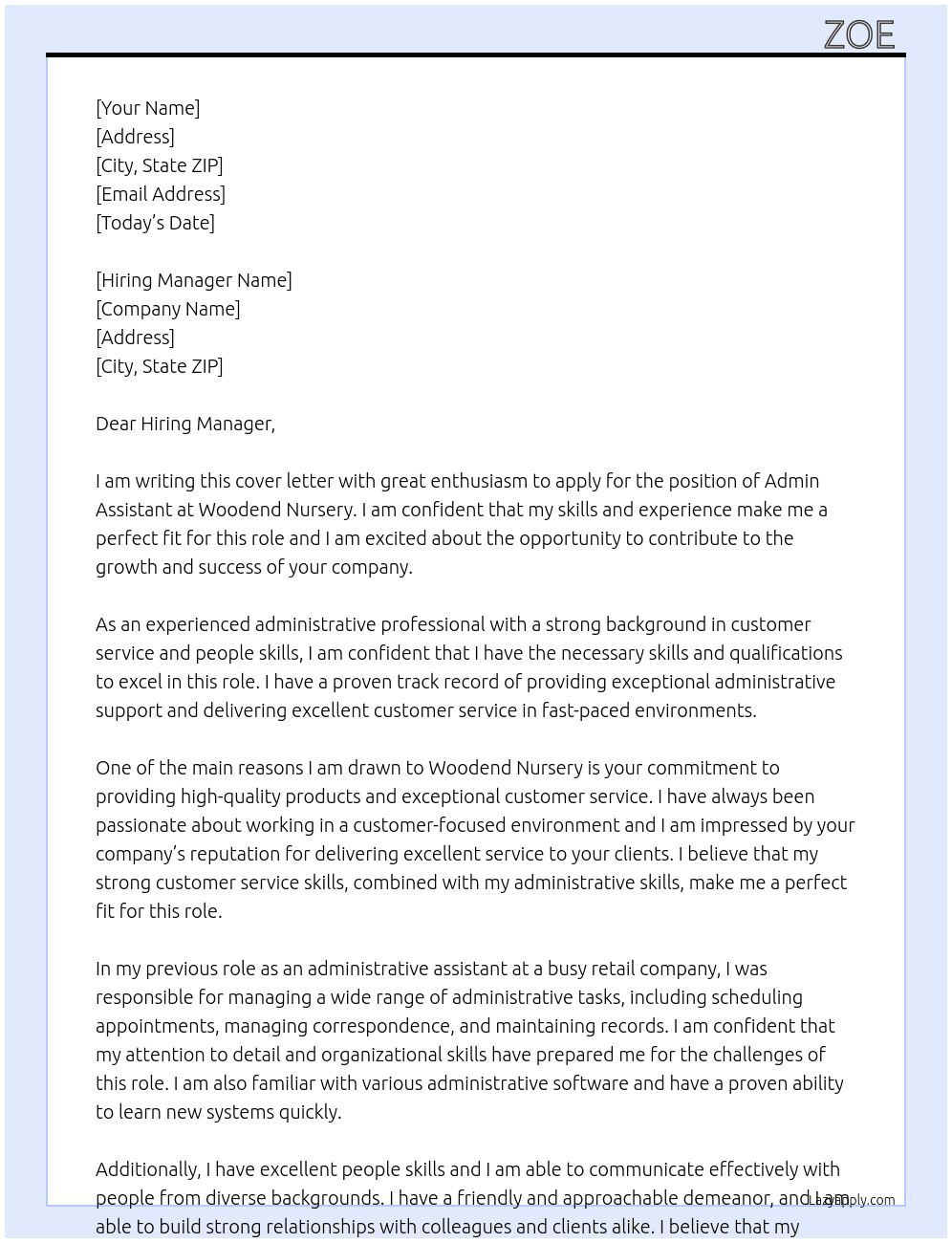 Admin assistant  At Woodend Nursary Cover Letter