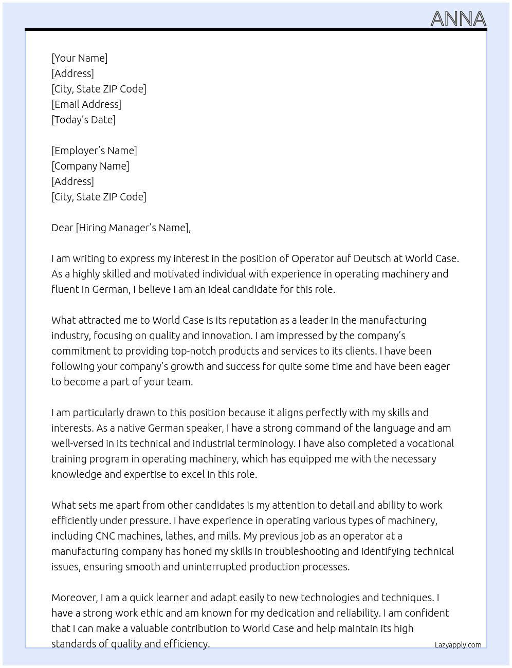 Operator auf Deutsch At World Case Cover Letter
