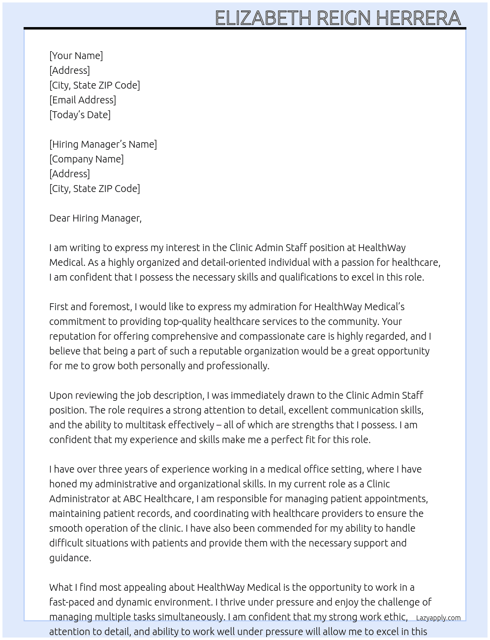 Clinic Admin Staff At HealthWay Medical  Cover Letter