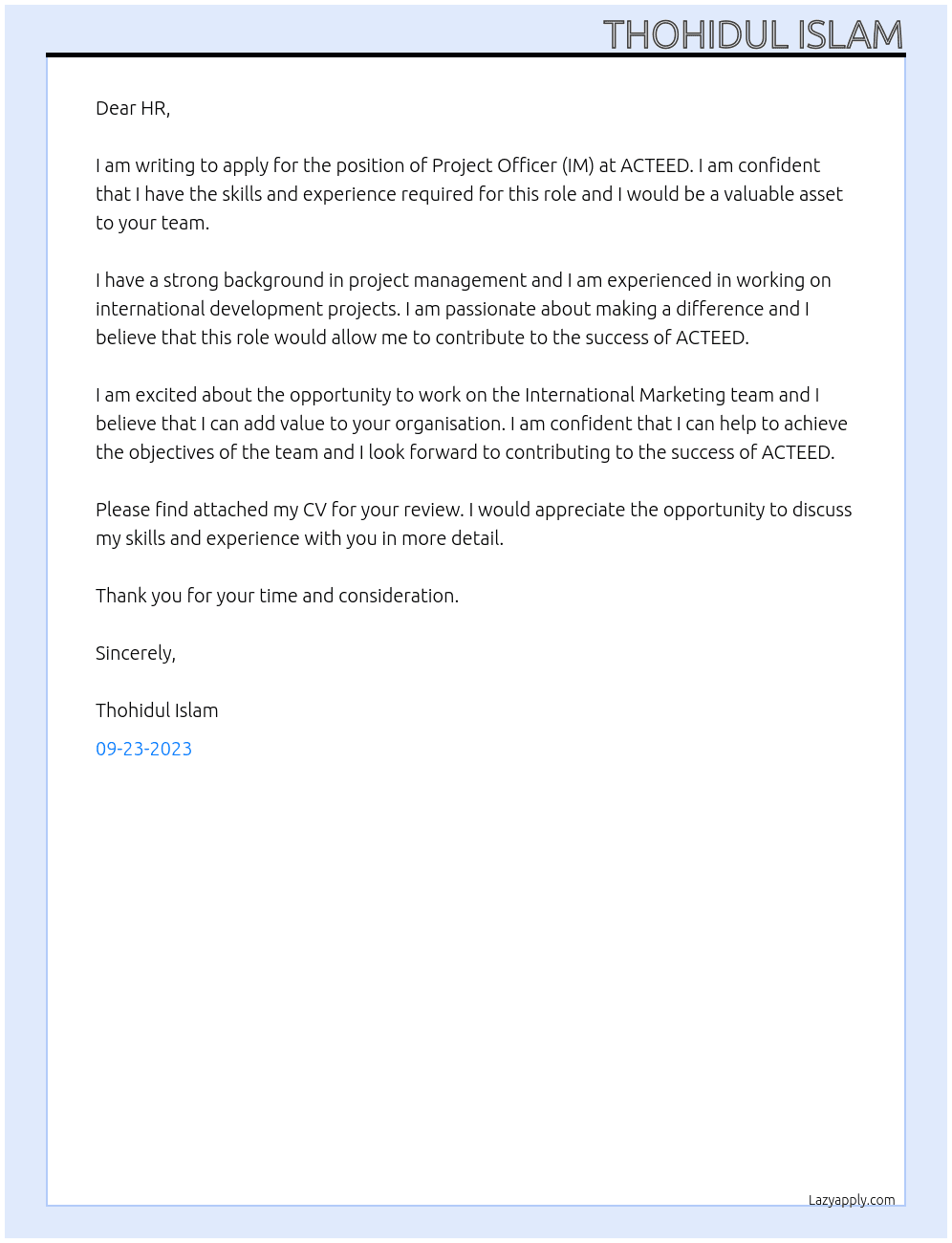 Project officer (IM) At ACTEED Cover Letter