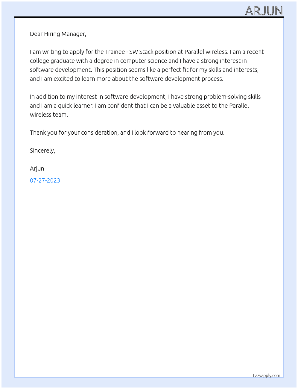 Trainee - SW Stack At Parallel wireless Cover Letter