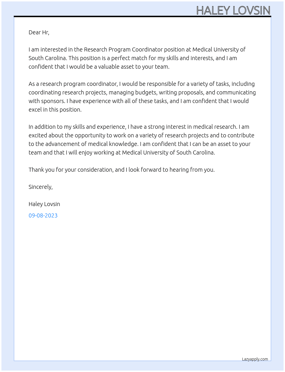 Research Program Coordinator At Medical University of South Carolina Cover Letter
