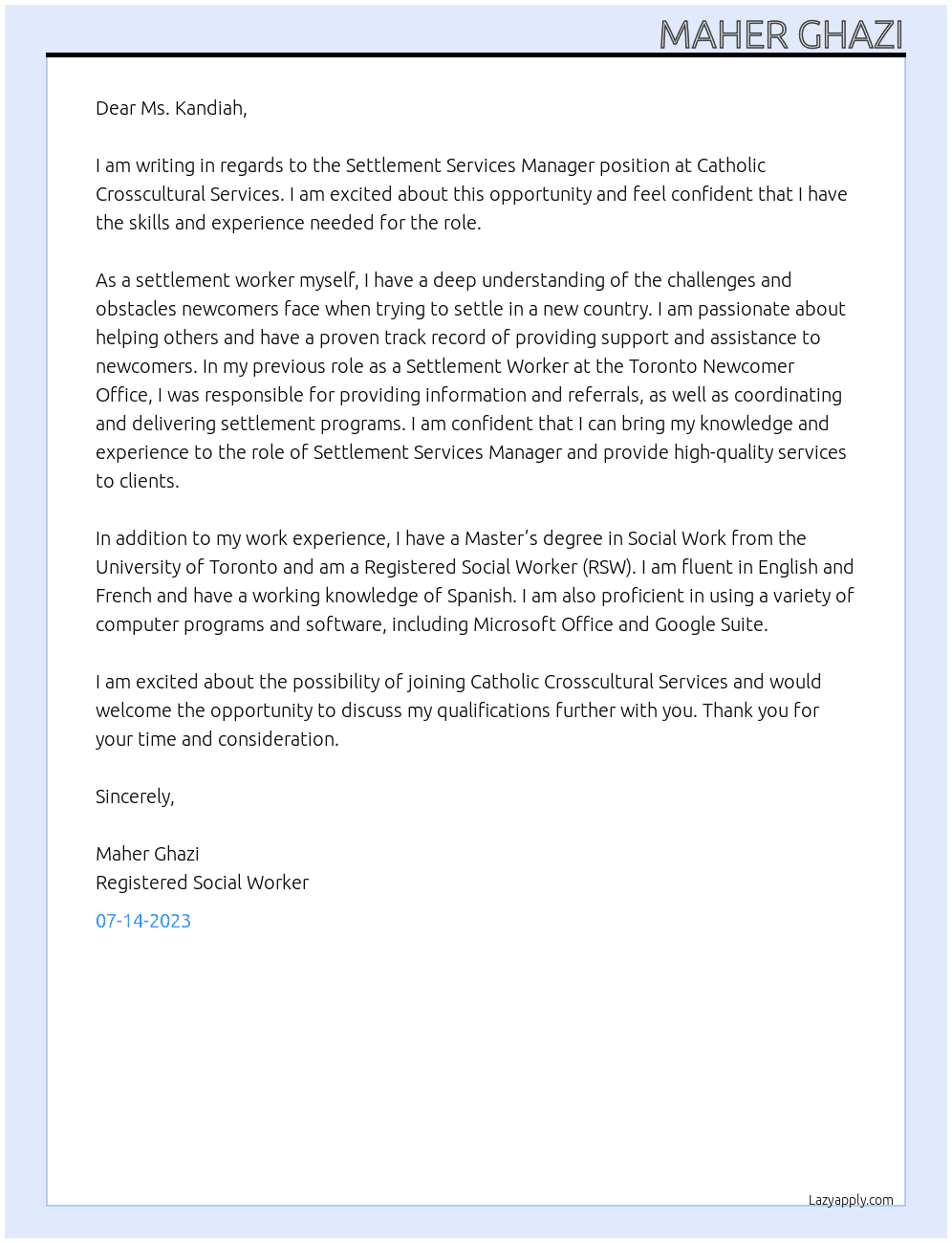Settlement Services Manager At Catholic Crosscultural Services Cover Letter