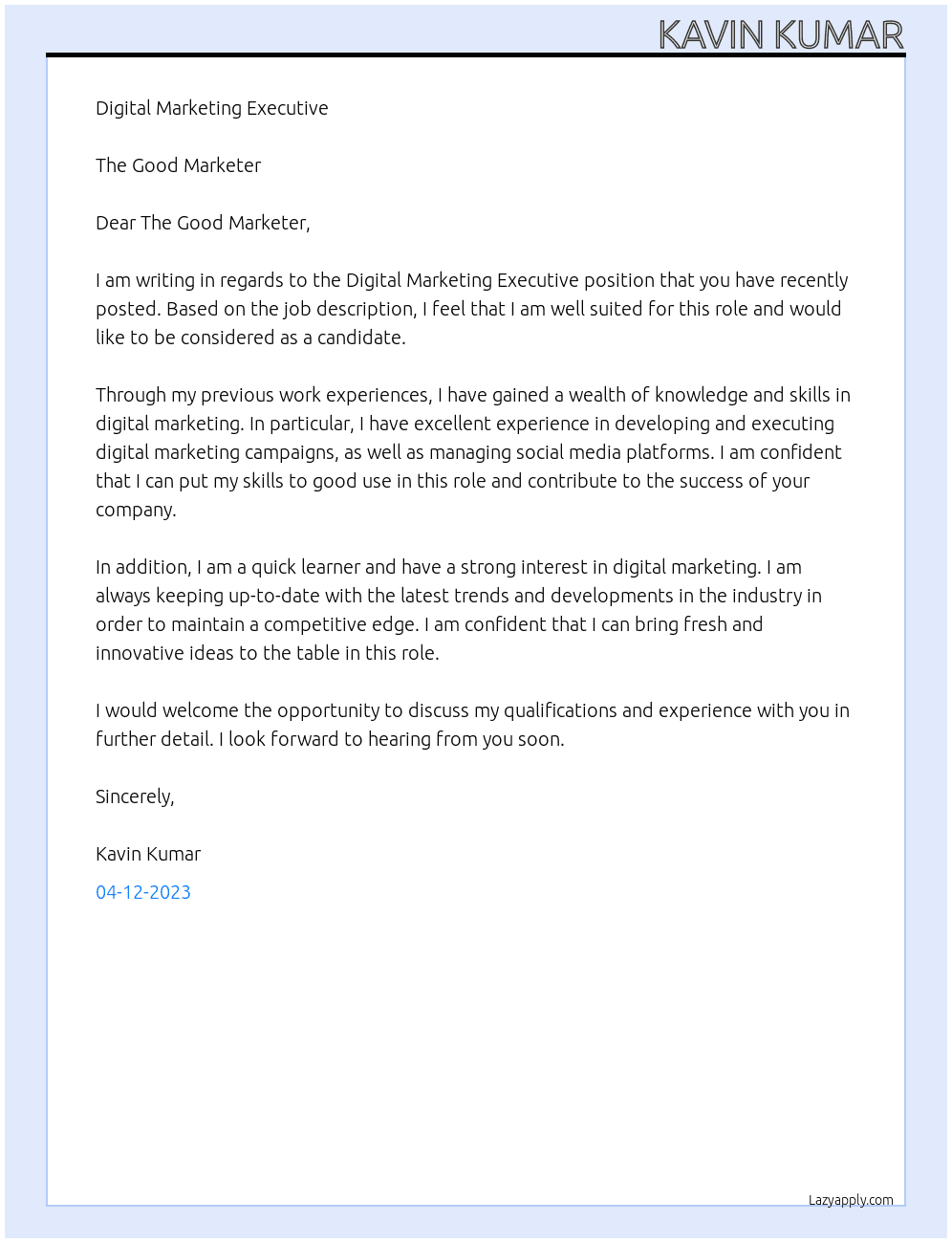 Digital Marketing Executive At The Good Marketer Cover Letter