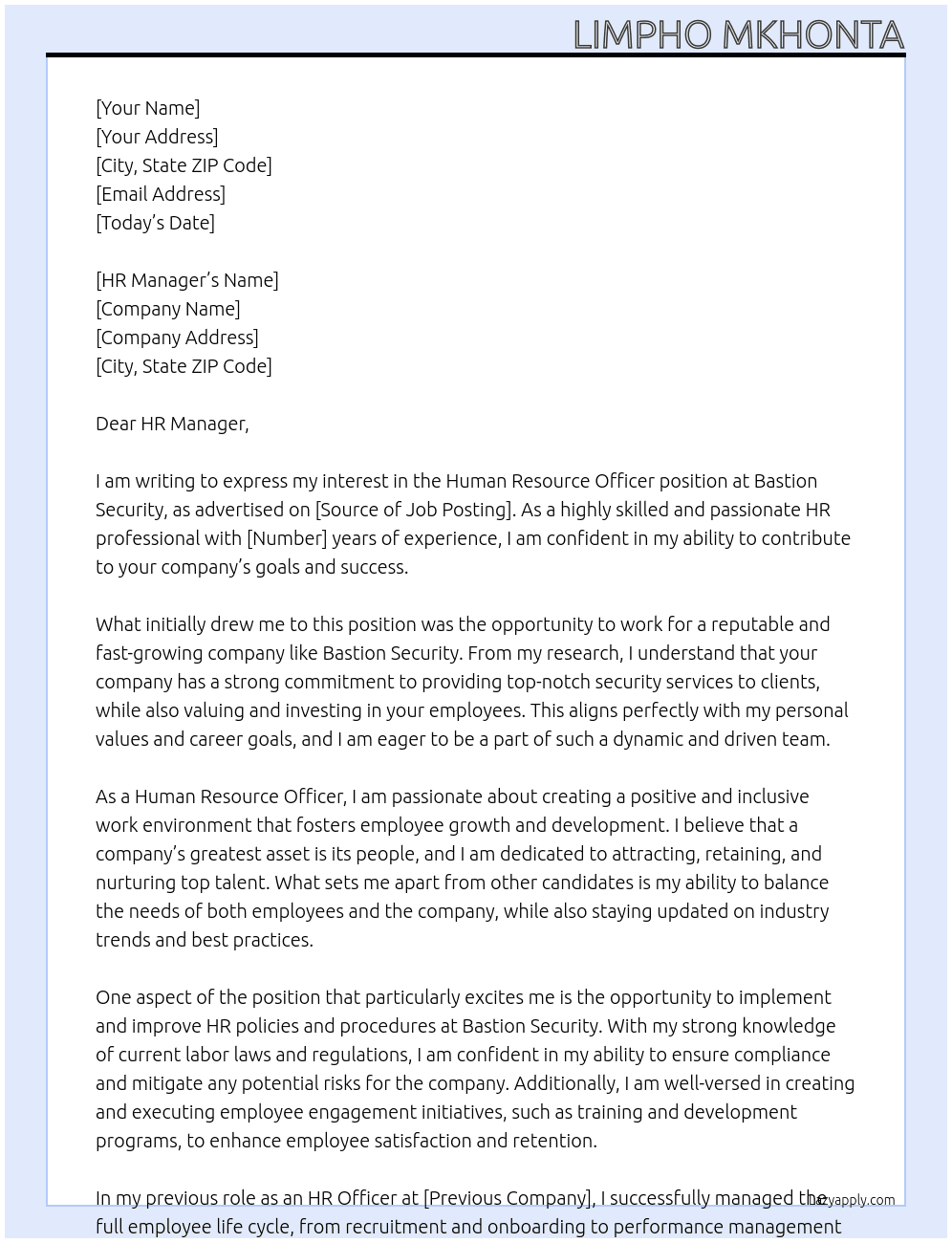 Human Resource Officer At Bastion Security Cover Letter