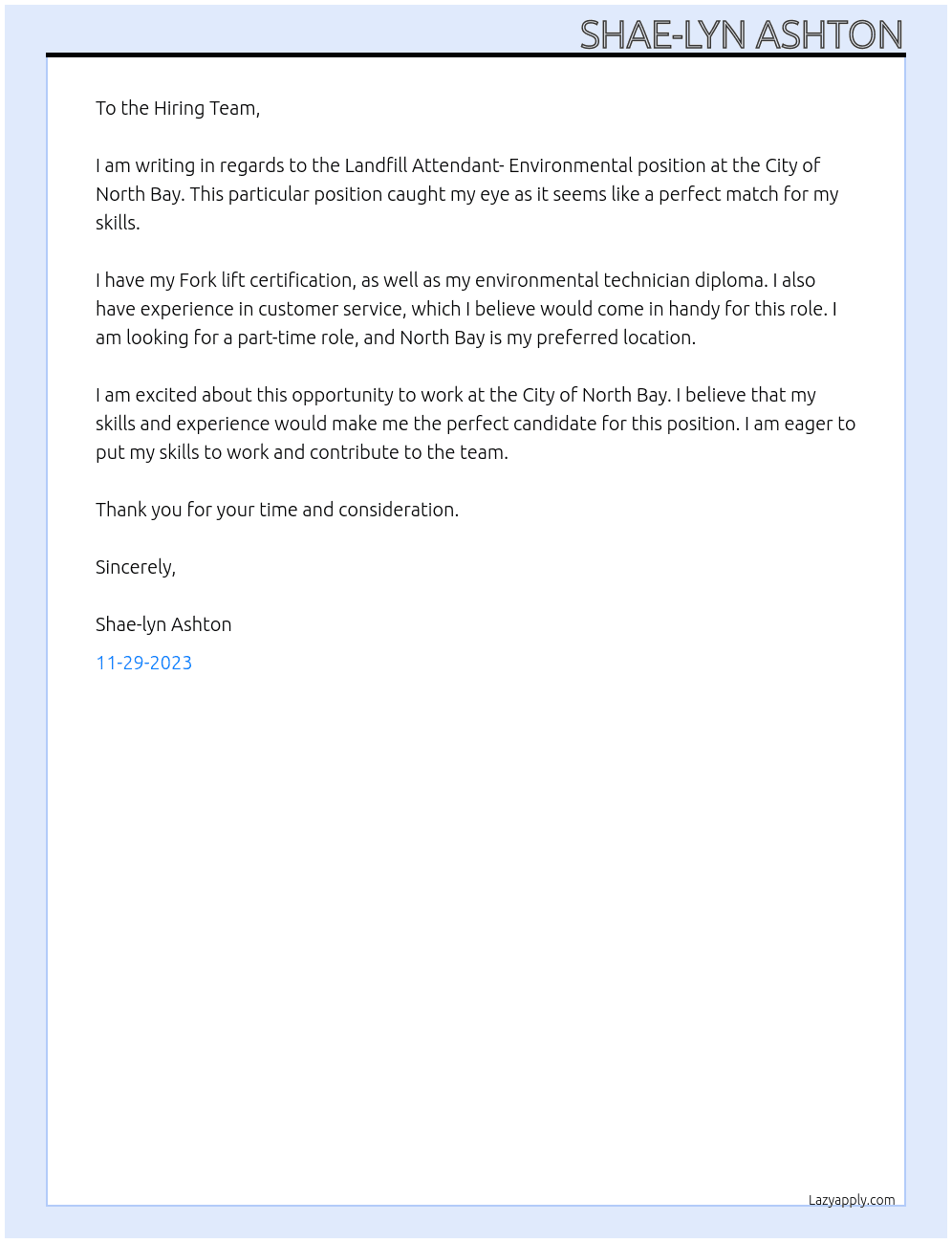 Landfill Attendant- Environmental  At City of North Bay Cover Letter