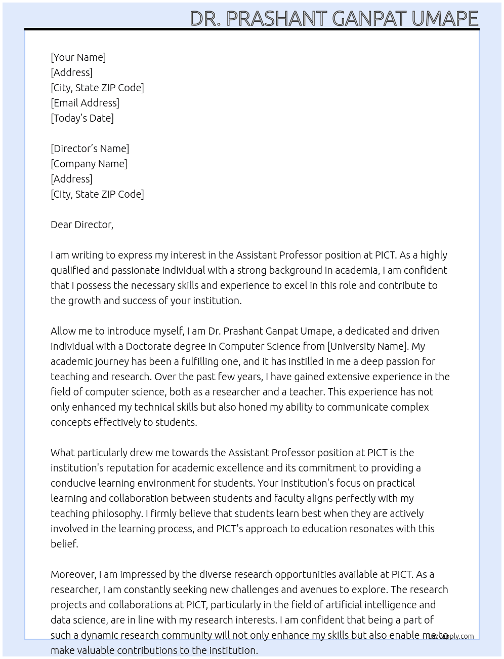 Assistant Professor At PICT Cover Letter