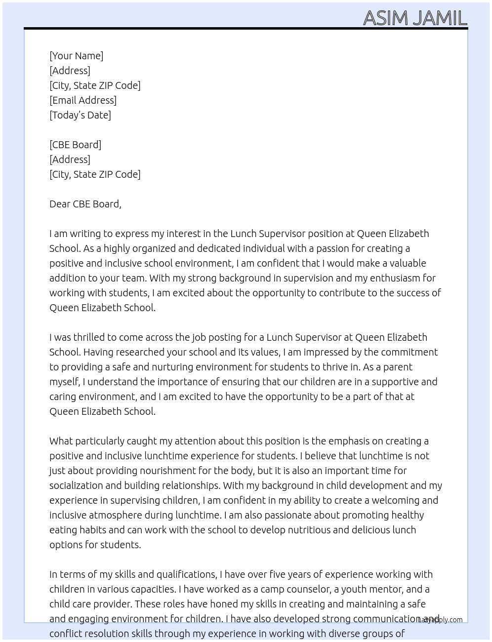Lunch Supervisor At Queen Elizabeth School Cover Letter