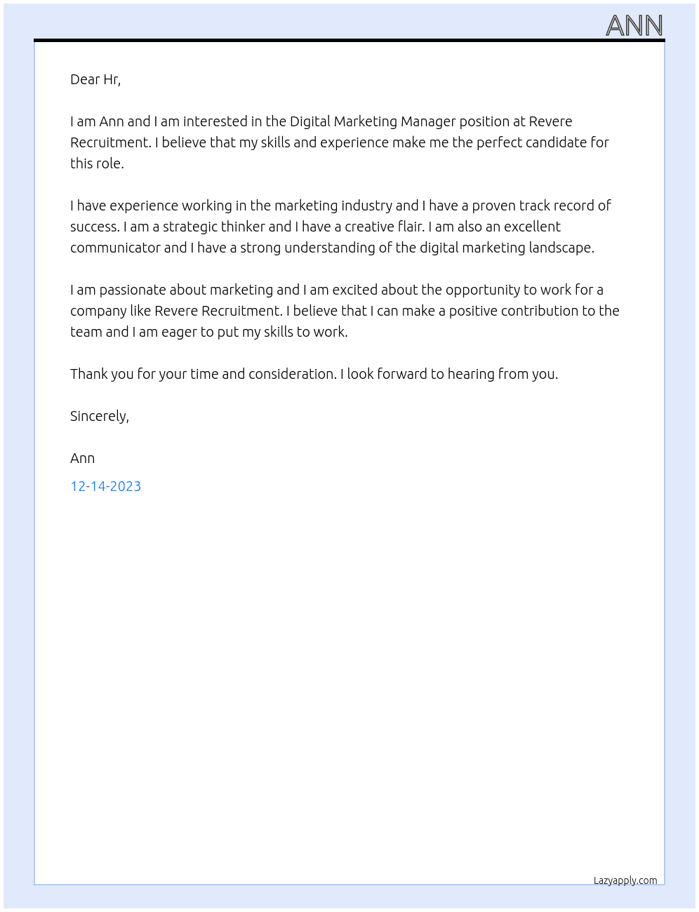 Digital Marketing Manager At Revere Recruitment Cover Letter