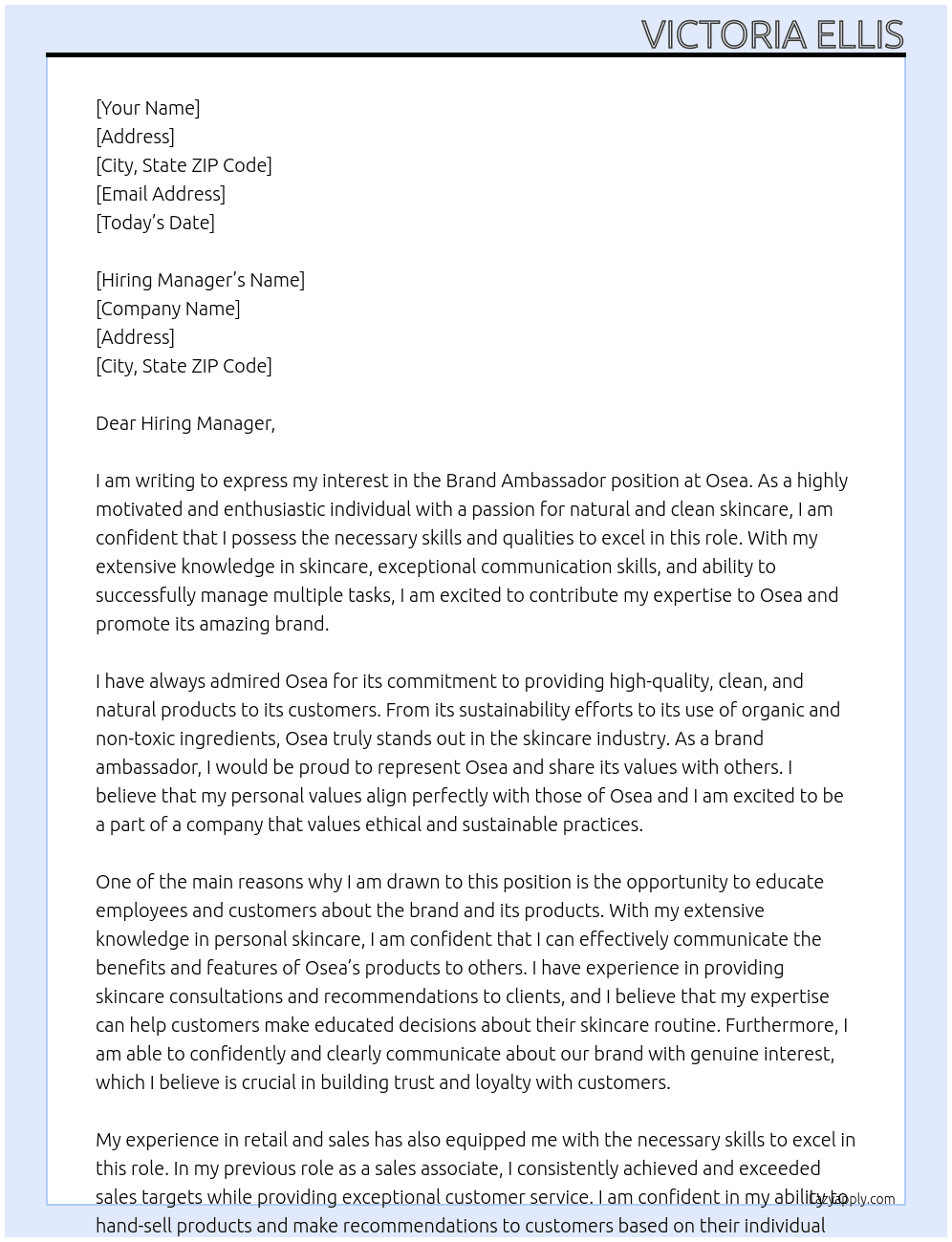 Brand Ambassador  At Osea  Cover Letter