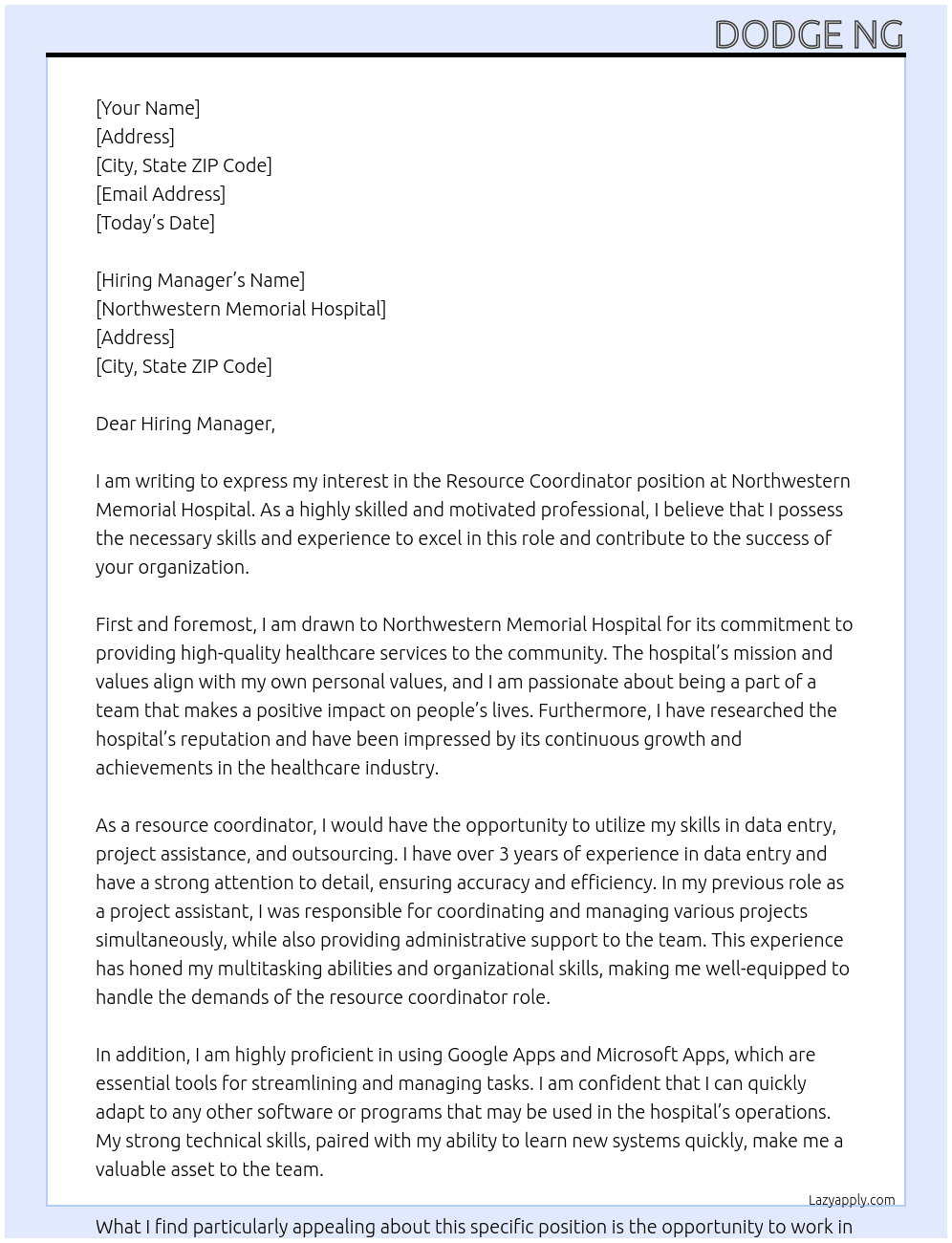 Resource Coordinator At Northwestern Memorial Hospital Cover Letter