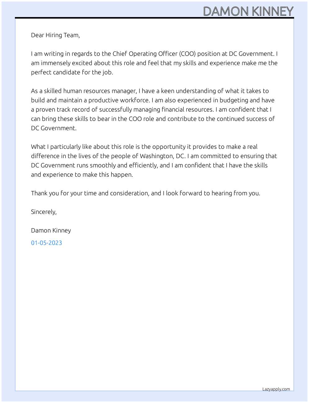 COO  At DC Government  Cover Letter