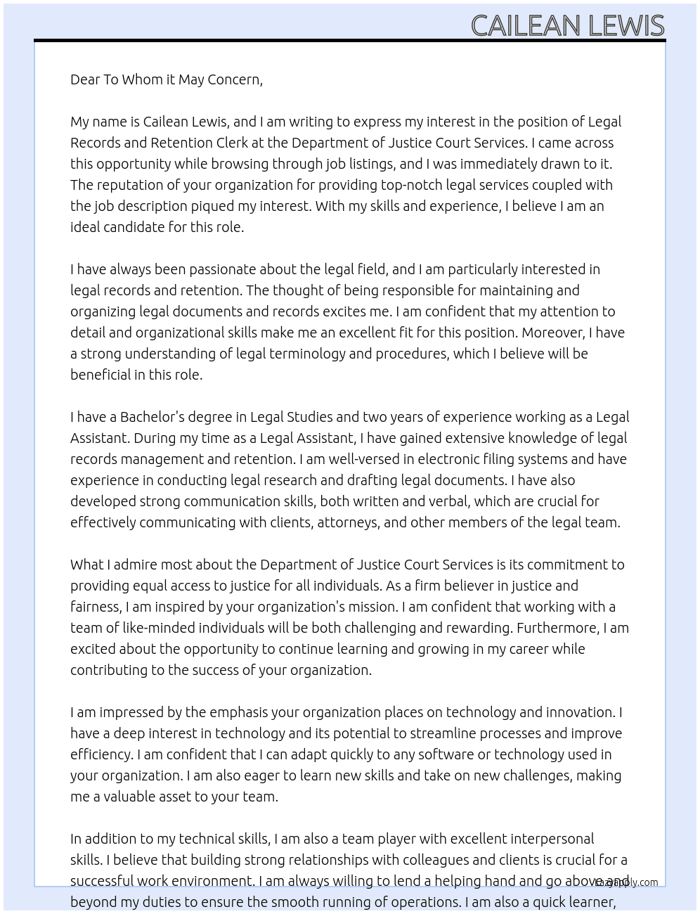Legal Records and Retention Clerk At Department of Justice Court Services  Cover Letter