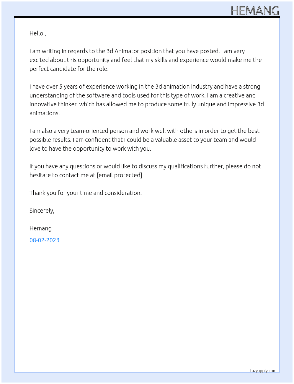 3d Animator  At . Cover Letter