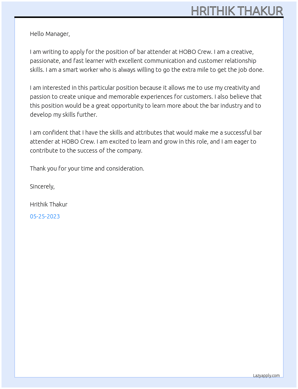 bar attender At HOBO Crew Cover Letter