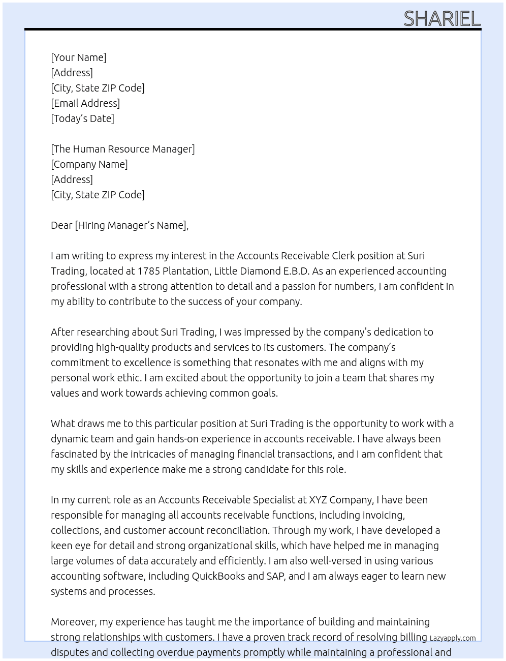 Accounts receivable clerk At Suri Trading  Cover Letter