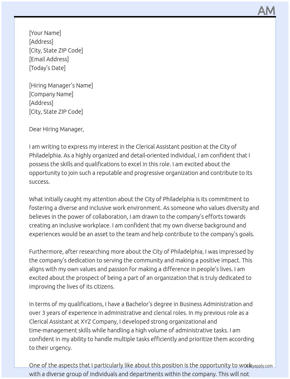 Clerical Assistant  At City of Philadlephia Cover Letter