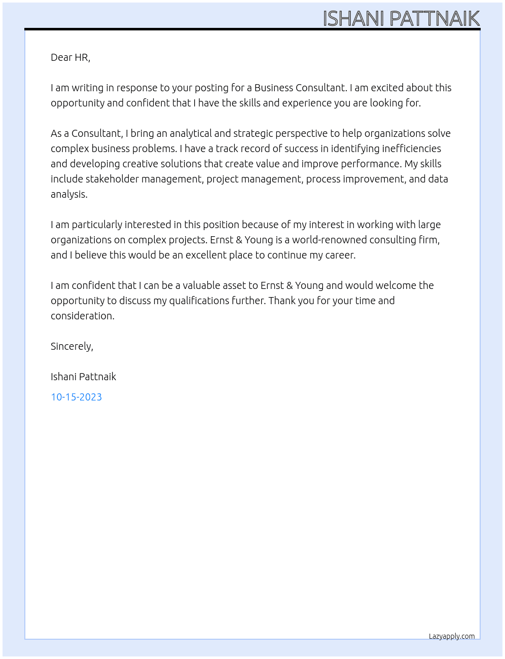 Business Consultant At Ernst & Young Cover Letter