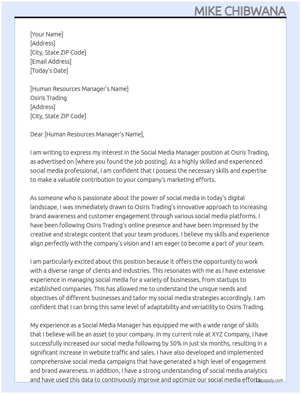 Social Media Manager At Osiris Trading Cover Letter