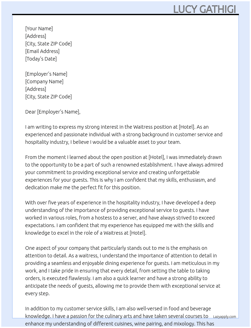 Waitress  At Hotel  Cover Letter