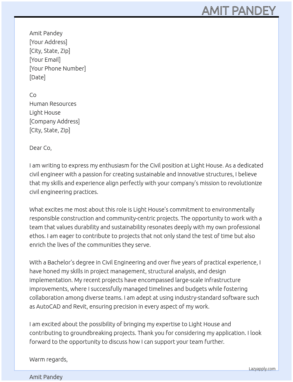 Cover letter for civil - LazyApply