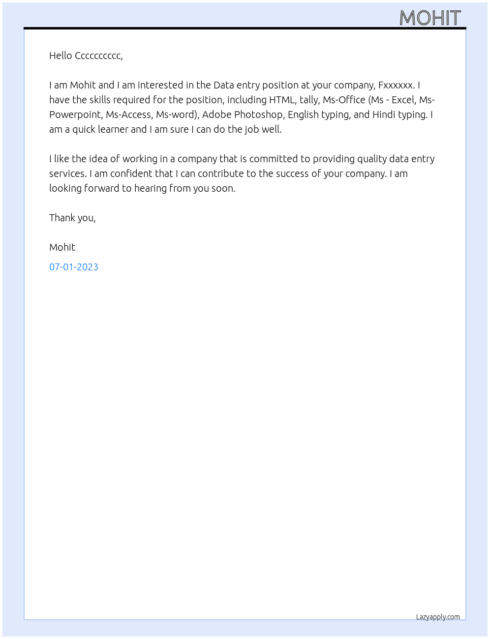 Data entry  At Fxxxxxx Cover Letter