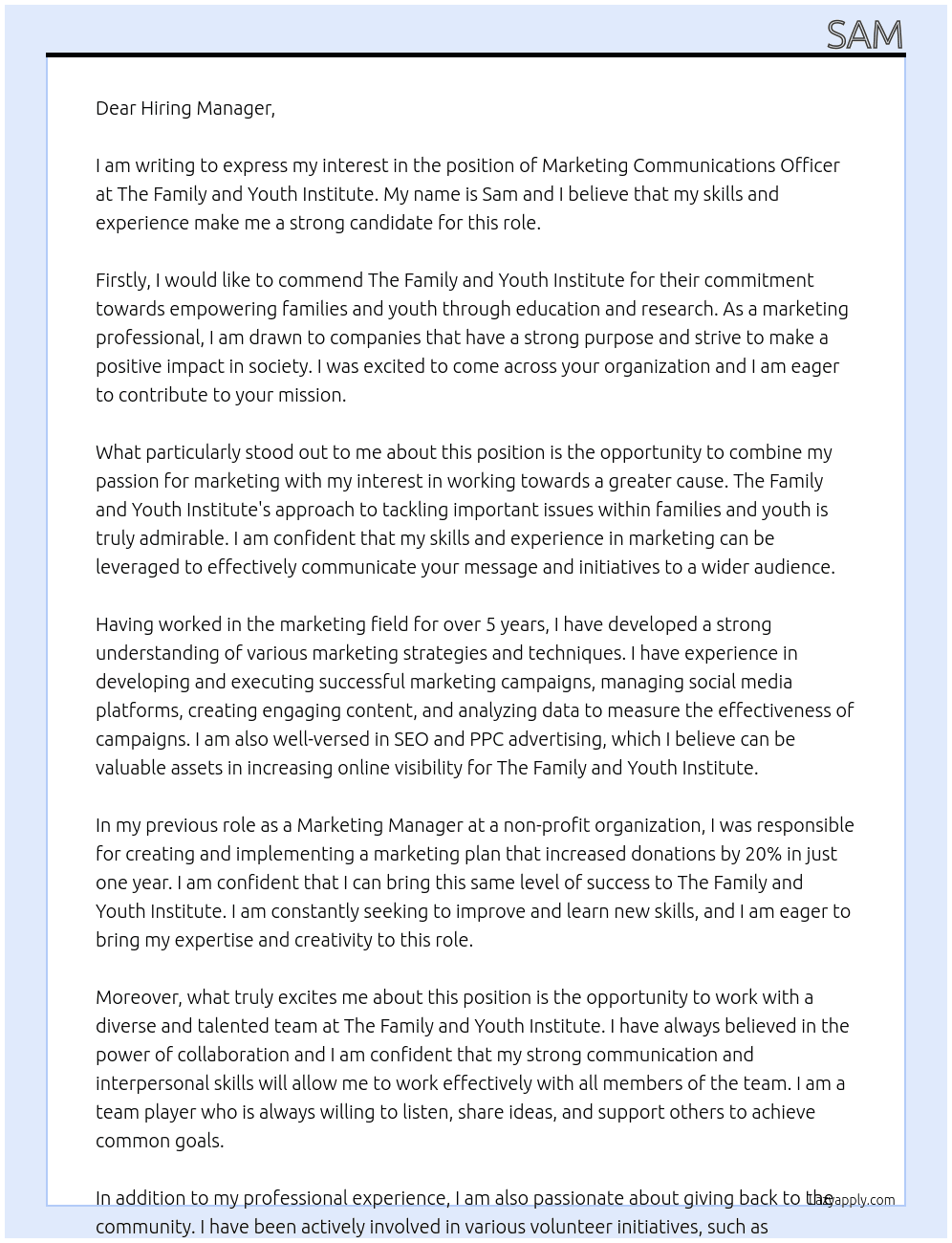 Marketing Communications Officer At The Family and Youth Institute Cover Letter