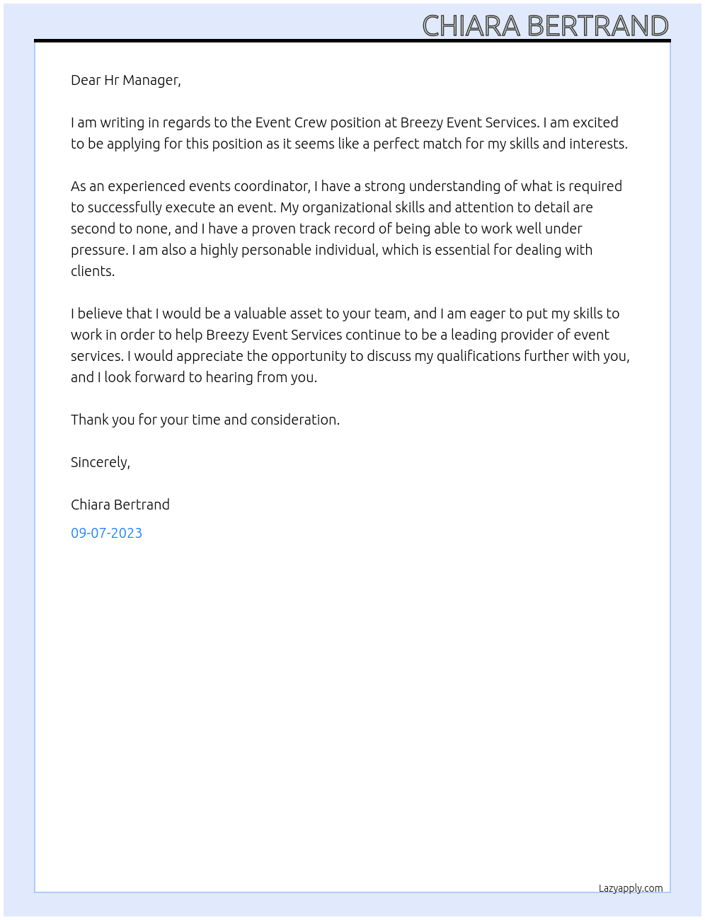 Event Crew At Breezy Event Services  Cover Letter