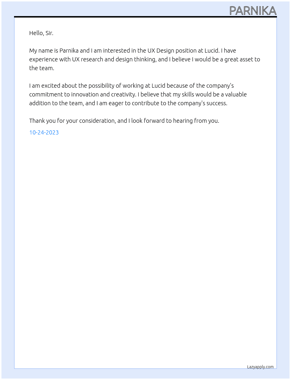 UX Design  At Lucid Cover Letter