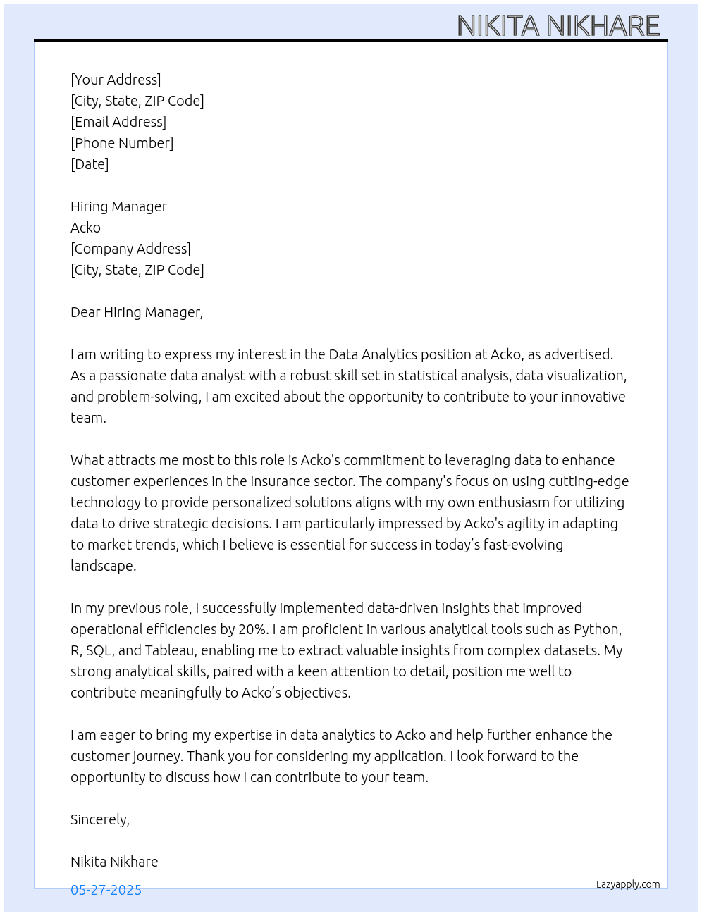 Data analytics  At Acko Cover Letter