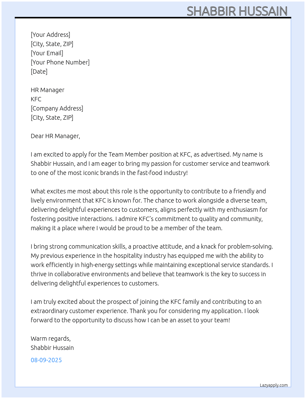 Team member At KFC Cover Letter