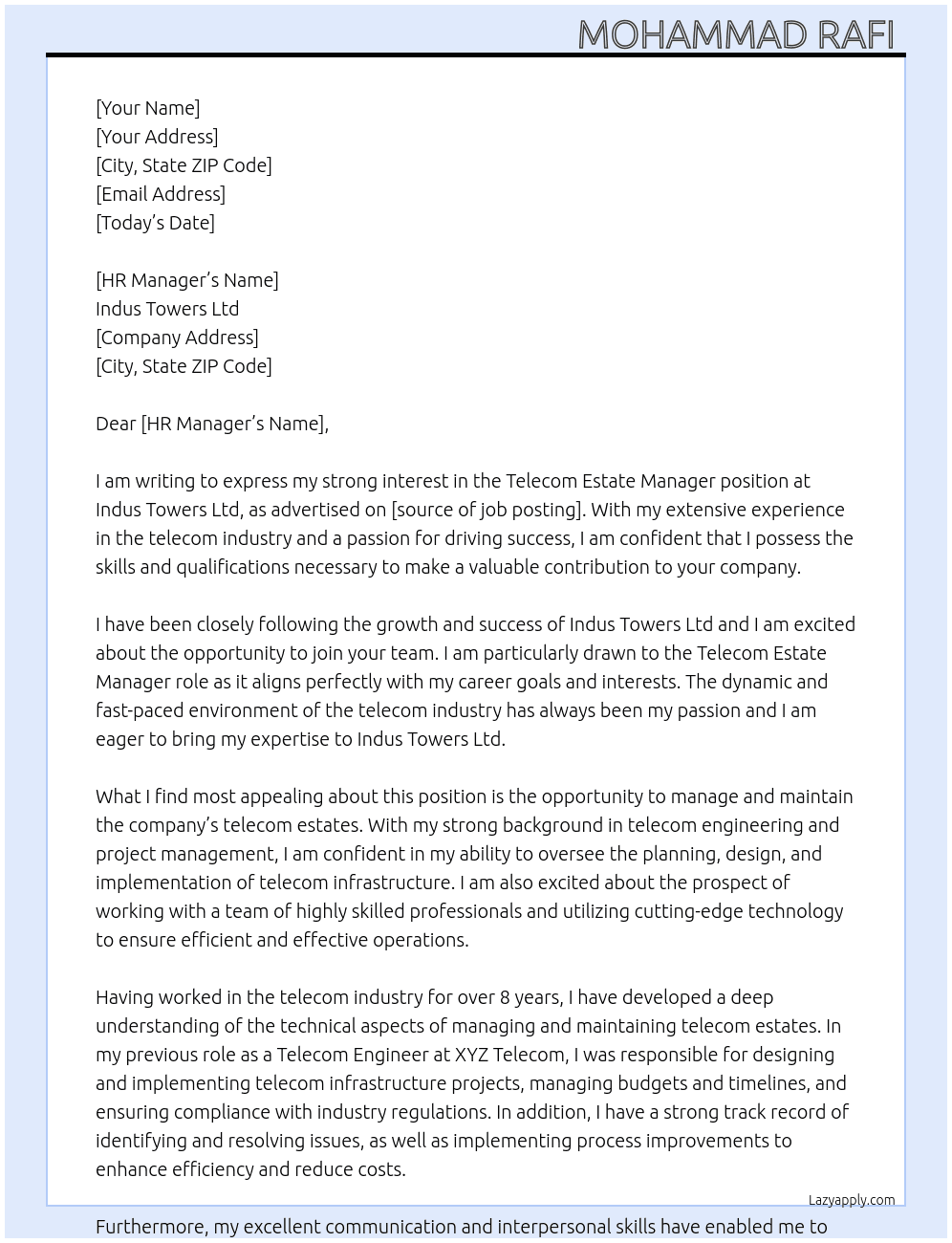 Telecom estate manager  At Indus Towers Ltd Cover Letter