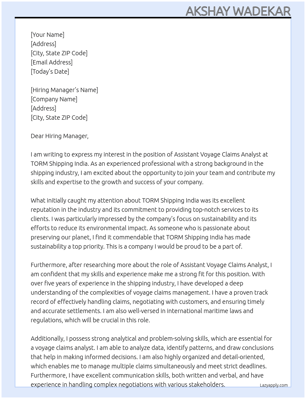 Assistant Voyage Claims Analyst At TORM Shipping India Cover Letter